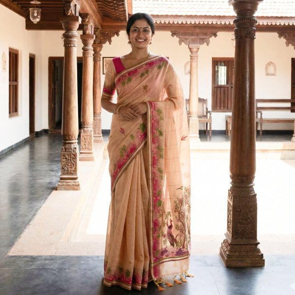 Smiling woman in a light orange Linean cotton saree with fuchsia pink peacock and floral print border and pallu, standing in a traditional Indian courtyard with wooden pillars.