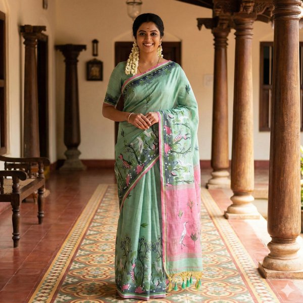 Smiling woman wearing a light-green Linen Cotton saree with nature-inspired bird and tree print, featuring a pink pallu with a crane motif and tassels, standing in a traditional Indian hallway.