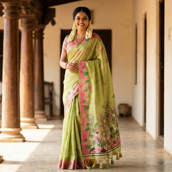 A smiling woman wearing a Pistagreen Linean Cotton Saree with a vibrant pink floral border and a detailed pallu featuring trees and birds, standing in a traditional Indian veranda.