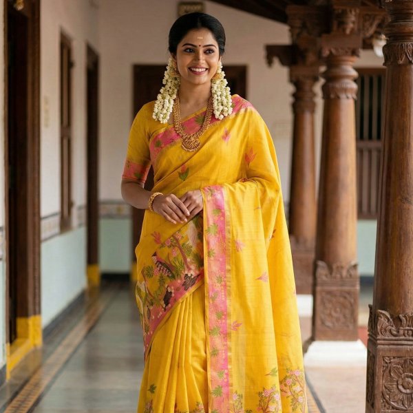 Smiling woman wearing a bright yellow Linean cotton saree with a pink border featuring artistic bird and floral prints, adorned with traditional gold jewelry and jasmine flowers in her hair, standing in a traditional hallway.
