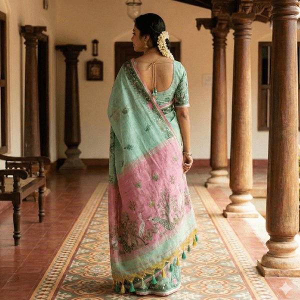 Light Green Peacock & Crane Linen Cotton Saree 3 Light Green Peacock & Crane Linen Cotton Saree - Image 3