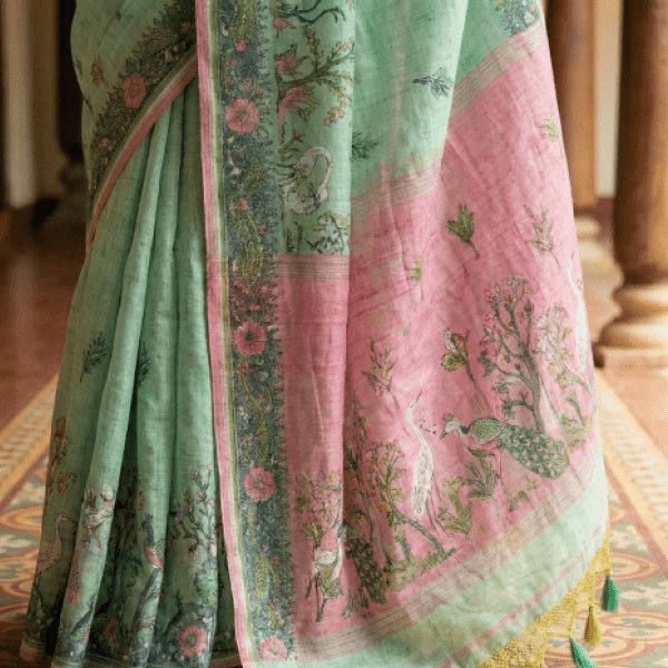 Light Green Peacock & Crane Linen Cotton Saree 2 sree silk