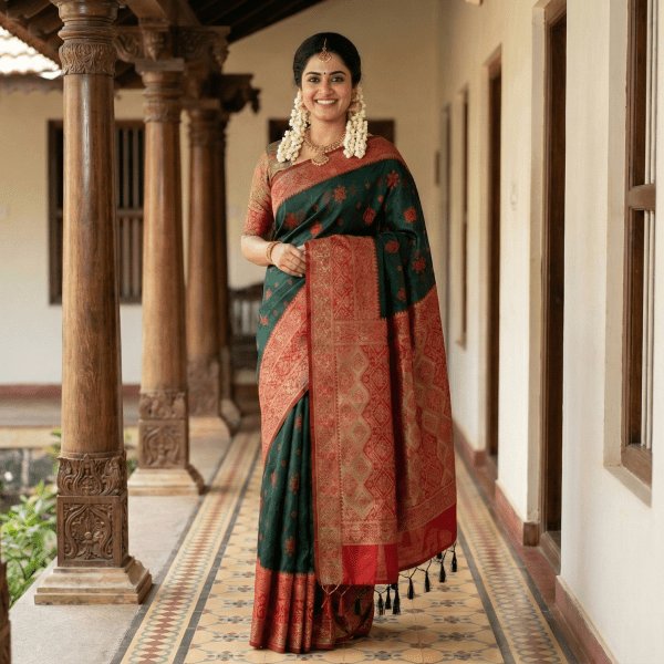 A smiling Indian woman stands on a traditional verandah, gracefully draped in a dark green silk saree with a rich red Zari woven border and pallu, adorned with traditional gold jewelry and jasmine in her hair.