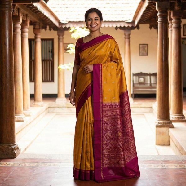 A smiling Indian woman draped in a vibrant mustard yellow silk saree with a rich magenta and gold geometric border and pallu, standing in a traditional South Indian courtyard.