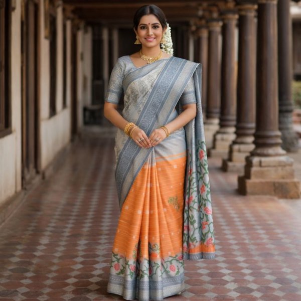 A smiling woman wearing an elegant grey and peach printed saree with floral pallu and a broad grey border, standing in a traditional corridor.