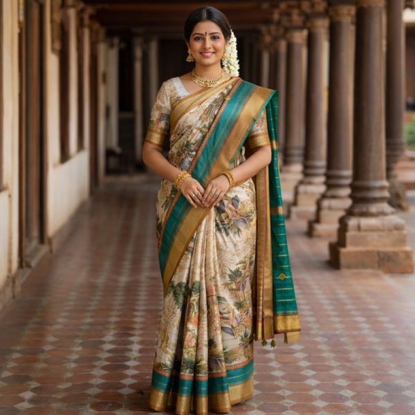 Woman smiling, posing in an off-white printed saree with green and gold zari border, worn with a green blouse and traditional gold jewelry, standing in a hallway with pillars.