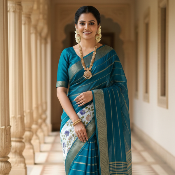 Teal Printed Floral & Striped Saree | Daily Wear Zari Border Saree