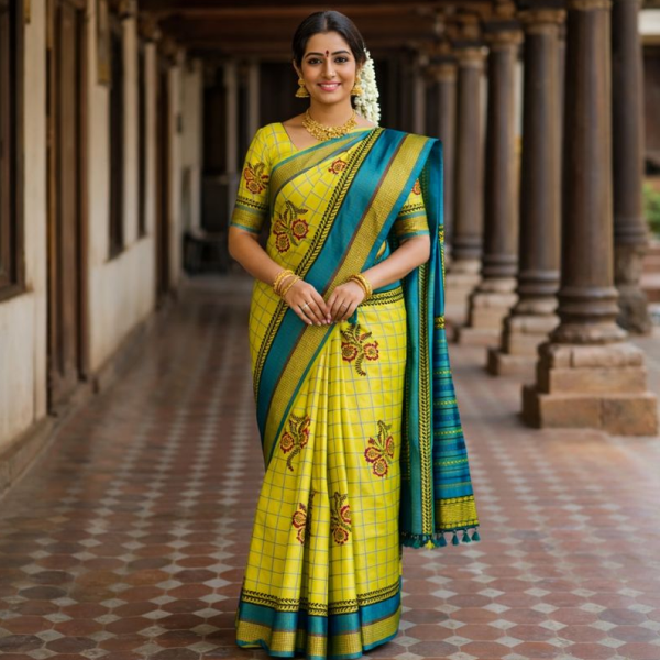 Light Green Printed Saree with Floral Checks - Daily Wear