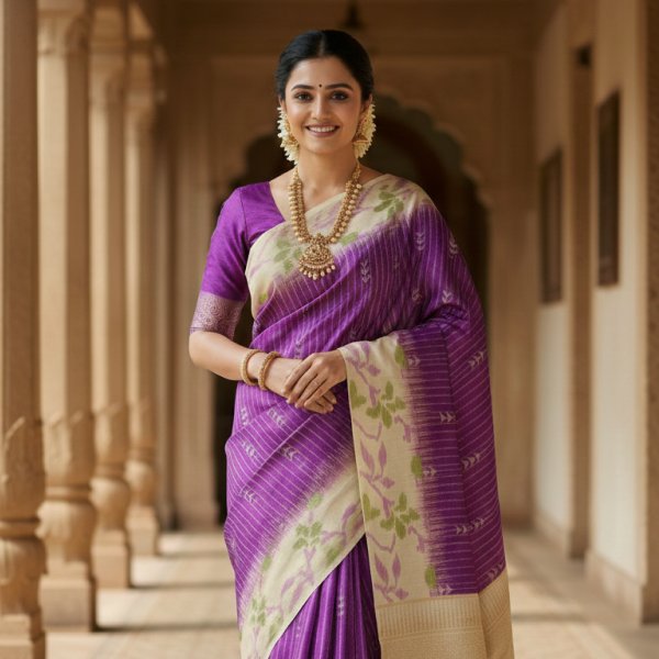 Purple Printed Saree for Daily Wear | Elegant Ikat Style Ethnic Fashion