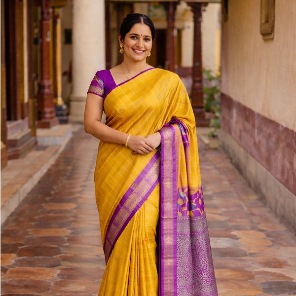 Yellow Silk Saree with Purple Zari Border | Bridal & Festive Collection