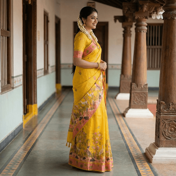 Yellow & Pink Floral Peacock Linen Cotton Saree - Image 4