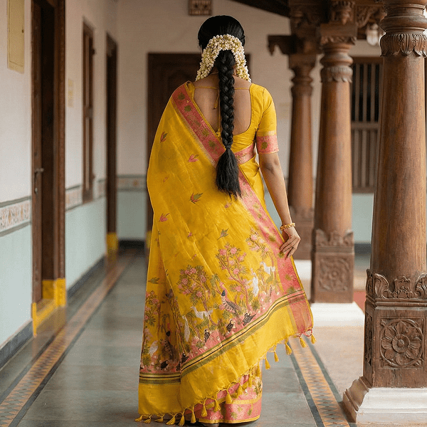 Yellow & Pink Floral Peacock Linen Cotton Saree - Image 3