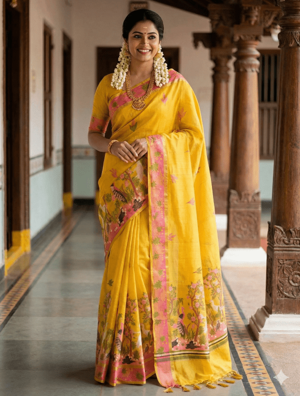 Yellow & Pink Floral Peacock Linen Cotton Saree - Image 2