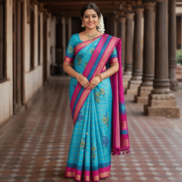 A smiling woman elegantly draped in a blue printed saree with a floral check pattern and a vibrant pink border, standing in a traditional columned hallway.