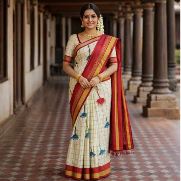 Woman smiling, wearing a cream and red cotton saree with checks and blue-red floral prints, gold border and a striped red pallu, standing in a traditional corridor.