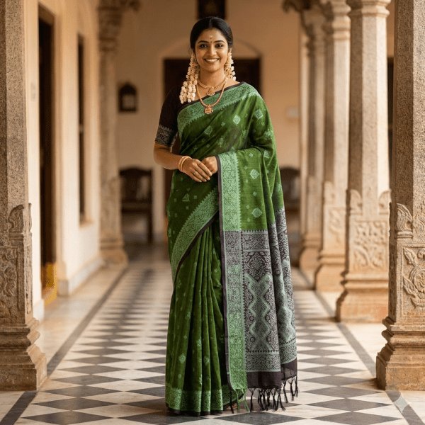 A smiling Indian woman in a dark green silk saree with intricate woven patterns and a contrasting border, adorned with traditional gold jewelry and jasmine flowers in her hair, standing gracefully in a heritage building corridor with checkered floors.