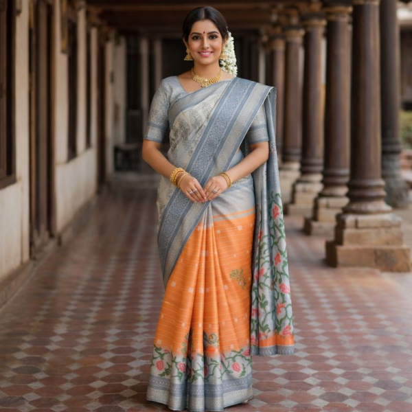 A smiling woman wearing an elegant grey and peach printed saree with floral pallu and a broad grey border, standing in a traditional corridor.