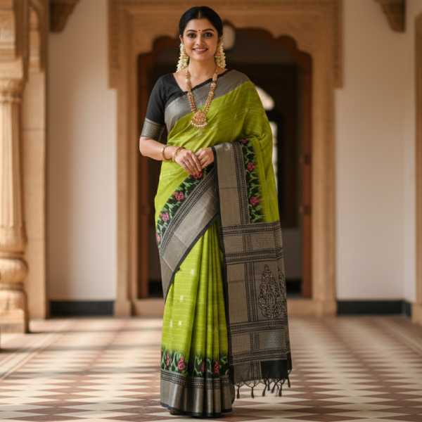 Lime Green Printed Linen Blend Saree | Traditional Design Daily Wear