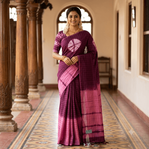 Chettinad Cotton Handloom Saree in Purple with Temple Border & Blouse - Sree Silk Premium Collection