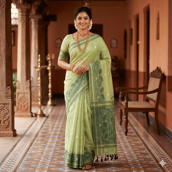 Chettinad Pure Cotton Handloom Saree in Green with Temple Border - Sree Silk Premium Collection